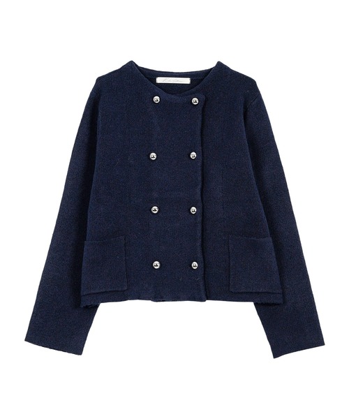 【美品】ロベルトコリーナ×シップス ニット ダブル 銀ボタン ジャケット L ダブルボタンもっちもちニットジャケット [C7195] - レディース