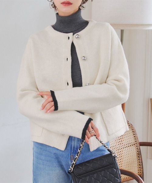 セール】ダブルボタンもっちもちニットジャケット（ノーカラー