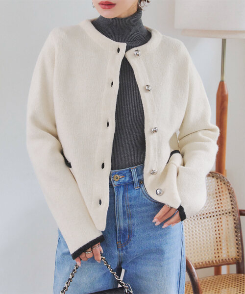KOBE LETTUCE（コウベレタス）の「ダブルボタンもっちもちニットジャケット（ノーカラージャケット・レディース・グレー/アイボリー系/ブラック系/ブラック/アイボリー系1/ピンク系/ピンク/ネイビー/グレー系/ブラック系2/ネイビー系・M/M1）」の12枚目の写真