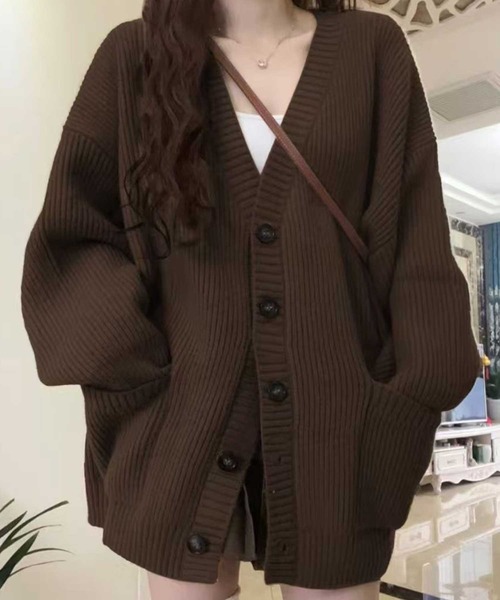 SPIGA（スピーガ）の「オーバーサイズポケ付リブニットカーディガン（カーディガン/ボレロ・レディース・ブラウン/グリーン/キャメル/レッド/ブラック/オフホワイト/グレー・FREE）」の4枚目の写真