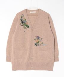 ソフトウールうさぎと花刺繍ロングニットカーディガン