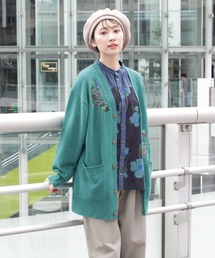 ソフトウールうさぎと花刺繍ロングニットカーディガン