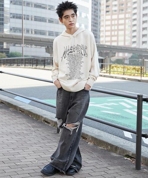 WEGO（ウィゴー）の「WEGO/グラフィックプリントニットパーカー（ニット/セーター・メンズ・ホワイト/ブラック・MEDIUM/LARGE）」の3枚目の写真