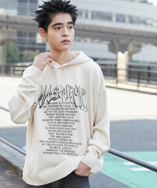 WEGO（ウィゴー）の「WEGO/グラフィックプリントニットパーカー（ニット/セーター・メンズ・ホワイト/ブラック・MEDIUM/LARGE）」の8枚目の写真