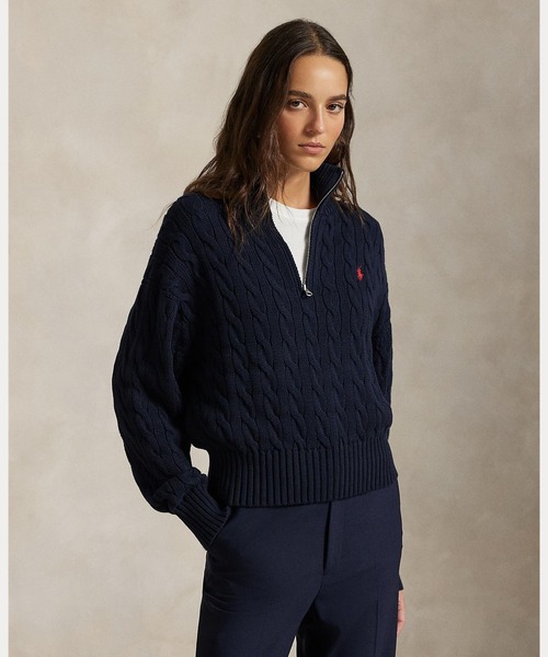 【Polo by Ralph Lauren】 ブラックケーブルニットセーター ケーブルニット コットン クォータージップ セーター（ニット/セーター