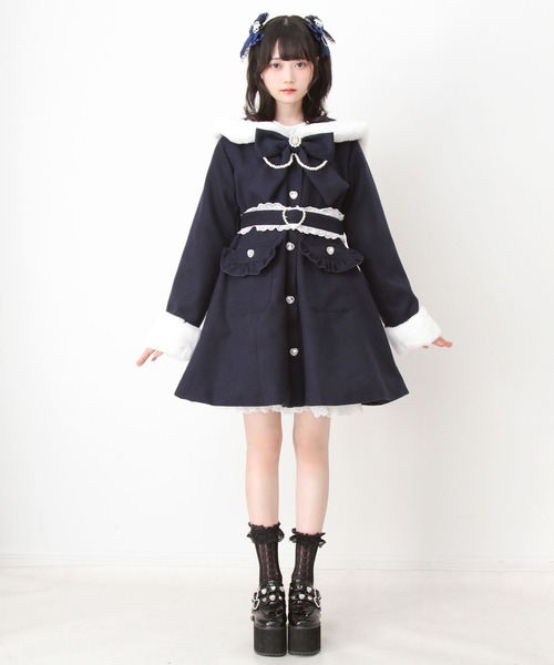 DearMyLove（ディアマイラブ）の「ハートバックルベルトセーラーファーコート（ステンカラーコート・レディース・ベビーピンク/ブラック/ラベンダー/ネイビー・MEDIUM/LARGE/LL/3L）」の13枚目の写真