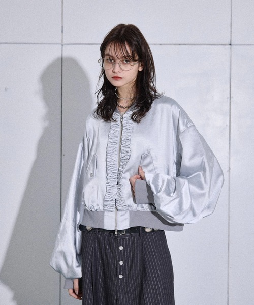 Satin frill short bomber jacket / サテンフリルショート