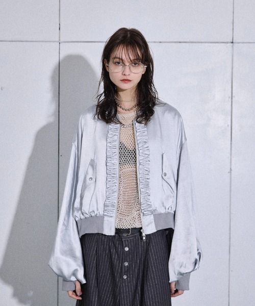 Satin frill short bomber jacket / サテンフリルショート