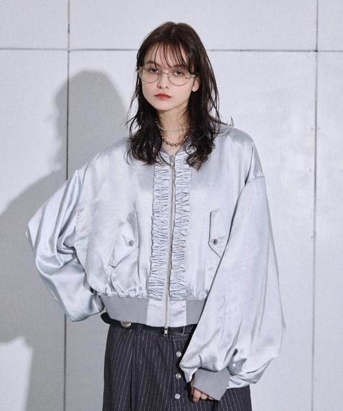 新品Lajour フリル付きボンバージャケット Satin frill short bomber jacket / サテンフリルショート