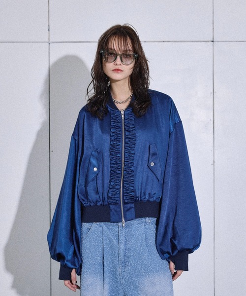 セール】Satin frill short bomber jacket / サテンフリルショート