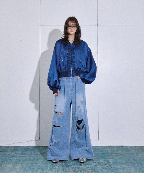 seyto サイズ2 / サテンフリルショートボンバージャケット セール】Satin frill short bomber jacket / サテンフリルショート
