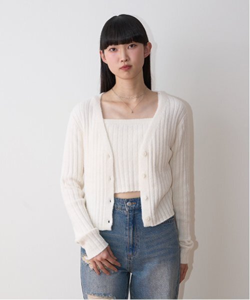 Mi-je(ミジェ)の「リブカーデキャミSET【韓国ファッション】(カーディガン/ボレロ・レディース・チャコール/ピンク/サックスブルー/アイボリー・F)」の15枚目の写真