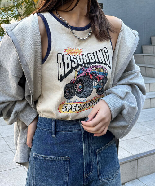 CIAOPANIC（チャオパニック）の「配色パイピングリブロゴタンクトップ（キャミソール・レディース・ライトグレー/アイボリー/チャコールグレー・ONE SIZE）」の14枚目の写真