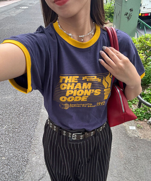 CIAOPANIC（チャオパニック）の「プリントリンガーロゴTシャツ（Tシャツ/カットソー・レディース・ブルー/イエロー/グリーン/ネイビー/レッド・ONE SIZE）」の4枚目の写真