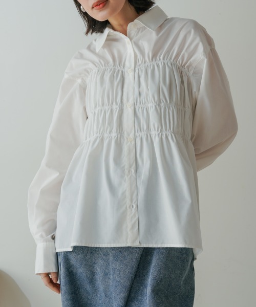 Bou Jeloud(ブージュルード)の「ギャザーデザインシャツ(シャツ/ブラウス・レディース・ブルー/ホワイト・38)」の3枚目の写真