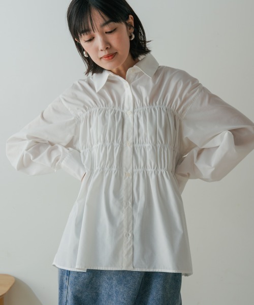 Bou Jeloud(ブージュルード)の「ギャザーデザインシャツ(シャツ/ブラウス・レディース・ブルー/ホワイト・38)」の5枚目の写真