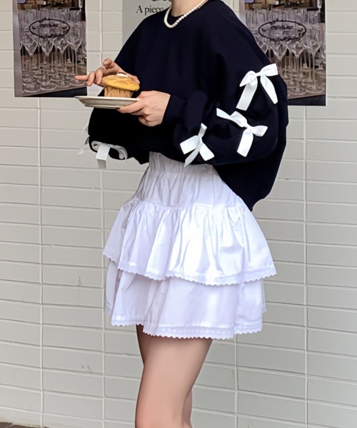 Mejoul(メジュール)の「リボンデザインスリーブスウェット(スウェット・レディース・ネイビー/グレー/ブラック・M/L)」の2枚目の写真