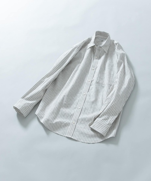 Plantation ストライプ リネンコットン混合 ノーカラー 長袖シャツ 0042l111-01.jpg