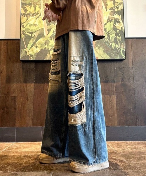FreeZone(フリーゾーン)の「ワイドダメージデニムパンツ(デニムパンツ・メンズ・ブルー/ブラック・S/M/L)」の7枚目の写真