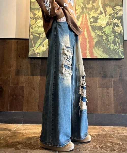 FreeZone(フリーゾーン)の「ワイドダメージデニムパンツ(デニムパンツ・メンズ・ブルー/ブラック・S/M/L)」の11枚目の写真