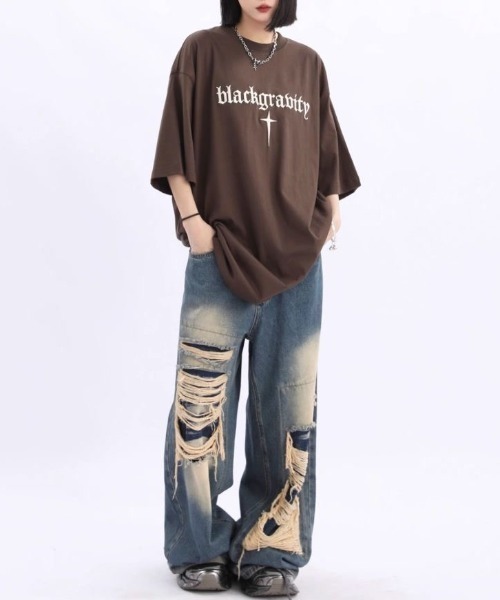 FreeZone(フリーゾーン)の「ワイドダメージデニムパンツ(デニムパンツ・メンズ・ブルー/ブラック・S/M/L)」の4枚目の写真
