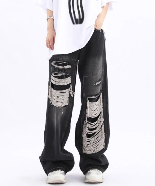 FreeZone(フリーゾーン)の「ワイドダメージデニムパンツ(デニムパンツ・メンズ・ブルー/ブラック・S/M/L)」の3枚目の写真