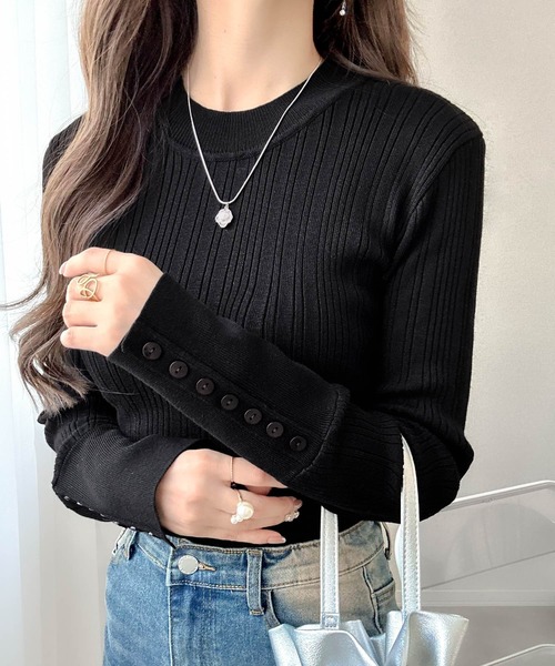 mily bilet（ミウィビレット）の「【mily bilet】大人可愛い素材とシルエット♪袖ボタン使いランダムリブニット（長袖）（ニット/セーター・レディース・ベージュ/ブラック/アイボリー/チャコールグレー・LARGE/MEDIUM/SMALL/X-LARGE）」の14枚目の写真