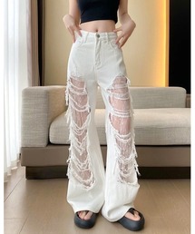 セール】Lace repaired damaged flare white denim pants