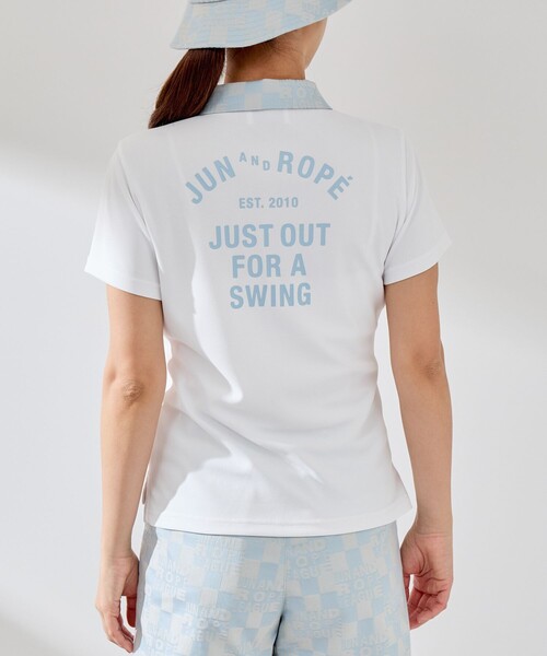 JUN&ROPE'（ジュンアンドロペ）の「【UV】【吸水速乾】チェッカーボード衿バックプリント半袖ポロ（ポロシャツ・レディース・イエロー/サックスブルー/ブラック・L/M/S）」の13枚目の写真