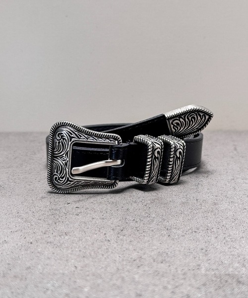 CALIFORNIA OUTFITTERS（カリフォルニア アウトフィッターズ）の「5A24 アンティーク シルバーウエスタンバックルベルト 黒 細 レザー（ベルト・メンズ・ブラック・ONESIZE）」の2枚目の写真