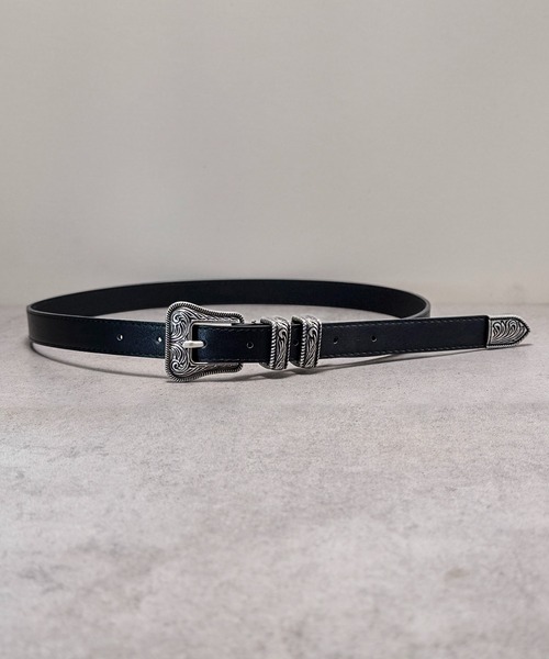 CALIFORNIA OUTFITTERS（カリフォルニア アウトフィッターズ）の「5A24 アンティーク シルバーウエスタンバックルベルト 黒 細 レザー（ベルト・メンズ・ブラック・ONESIZE）」の3枚目の写真