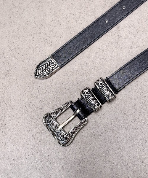 CALIFORNIA OUTFITTERS（カリフォルニア アウトフィッターズ）の「5A24 アンティーク シルバーウエスタンバックルベルト 黒 細 レザー（ベルト・メンズ・ブラック・ONESIZE）」の4枚目の写真