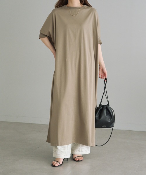 PUAL CE CIN（ピュアルセシン）の「両面シルケットリブ袖ワンピース（ワンピース・レディース・ベージュ/ブラック/グレー・FREE）」の4枚目の写真