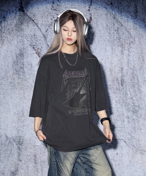 EFFECTION // vintage wash rock logo crew neck T-shirt