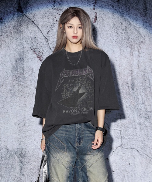 セール】EFFECTION // vintage wash rock logo crew neck T