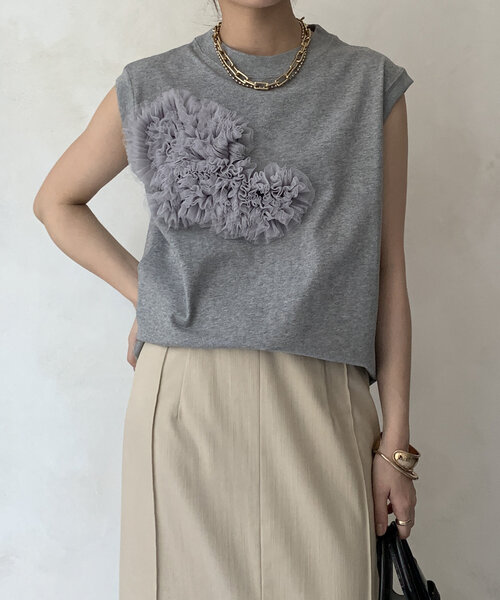 DOUDOU 半袖 Tシャツ チャコールグレー viseu チュール DouDou tシャツ Tシャツ 「WEB限定」チュールビスチェTEE