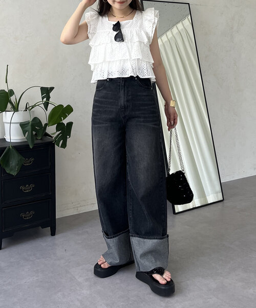 prose verse(プロズヴェール)の「ロールアップワイドデニムパンツ(デニムパンツ・レディース・ブラック/サックスブルー・MEDIUM/LARGE/PM/PL)」の9枚目の写真