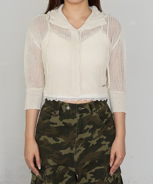 RAY CASSIN（レイカズン）の「透かし編みフードニット（ニット/セーター・レディース・アイボリー/チャコールグレー/ベージュ・FREE）」の14枚目の写真