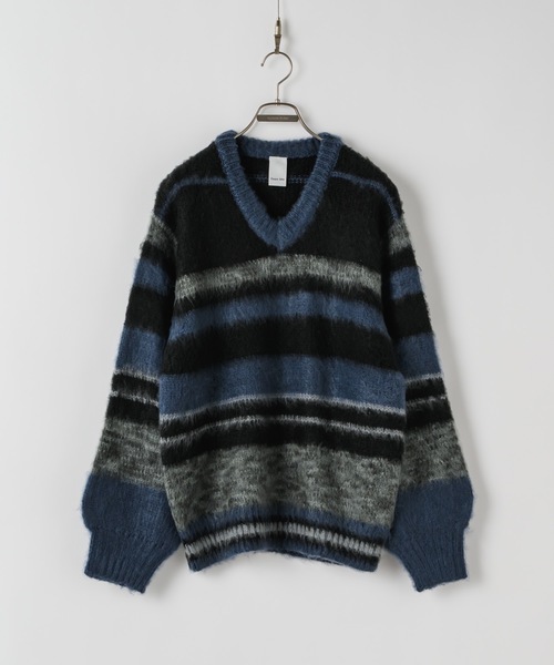 セール】Gradation mix multi border v-neck knit / グラデーション