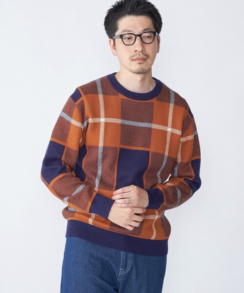 SHIPS(シップス)の「SHIPS:〈洗濯機可能〉 コットン カシミヤ チェック クルーネック ニット(ニット/セーター・メンズ・ダークグレー/ブラウン/オレンジ/ネイビー・SMALL/X-LARGE/LARGE/MEDIUM)」の4枚目の写真