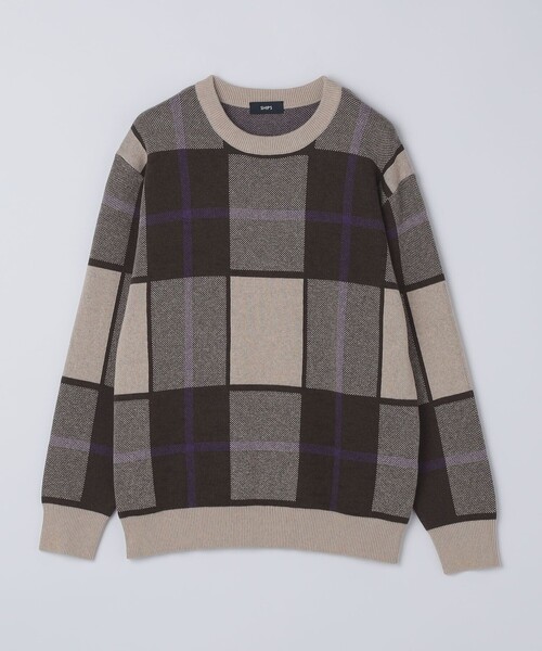 SHIPS:〈洗濯機可能〉 コットン カシミヤ チェック クルーネック