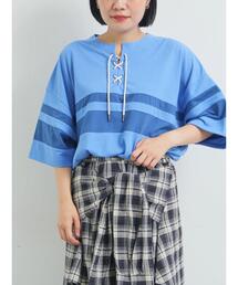 [接触冷感]編み上げラインTシャツ