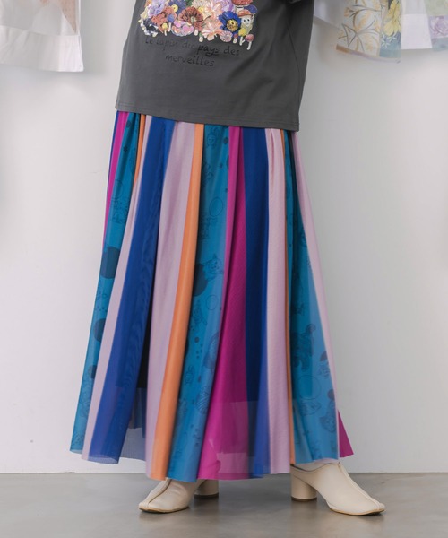 セール】153656：アニマル柄切替 マルチカラーチュールスカート（T