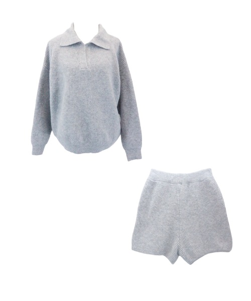 JilLA(ジルア)の「【2点セット】Waffle Polo Knit Set / ワッフルポロニットセット(セットアップ・レディース・チャコールグレー/グレー・FREE)」の1枚目の写真