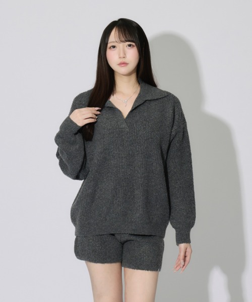 JilLA(ジルア)の「【2点セット】Waffle Polo Knit Set / ワッフルポロニットセット(セットアップ・レディース・チャコールグレー/グレー・FREE)」の4枚目の写真