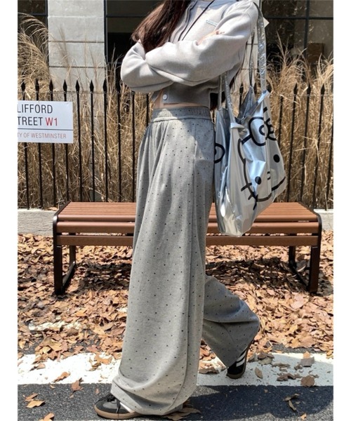 セール】【秋冬新作】ドット柄裏起毛ワイドスウェットパンツ