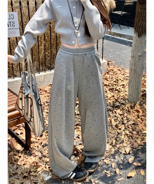 セール】【秋冬新作】ドット柄裏起毛ワイドスウェットパンツ