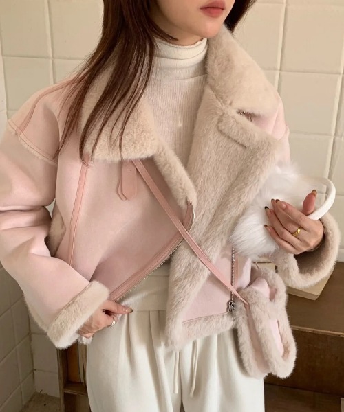 セール】もこもこムートンジャケット＆ミニバッグSET／3色展開