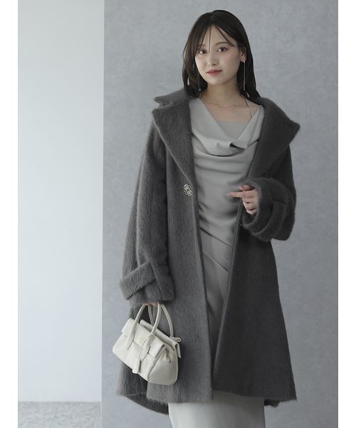 セール】ブローチ付きシャギーロングコート（チェスターコート