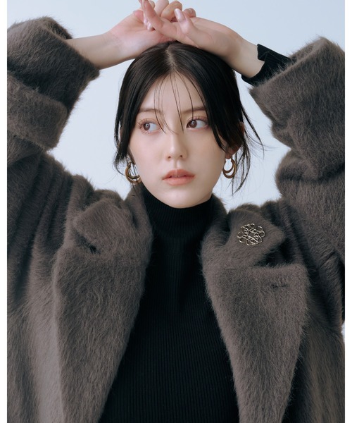 セール】ブローチ付きシャギーロングコート（チェスターコート